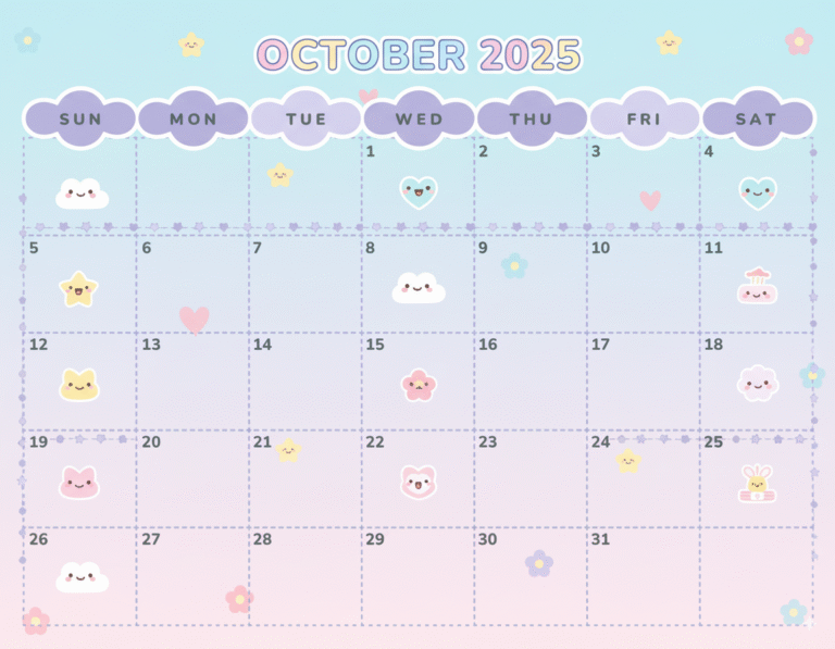 Kawaii October 2025 Calendar Printable
