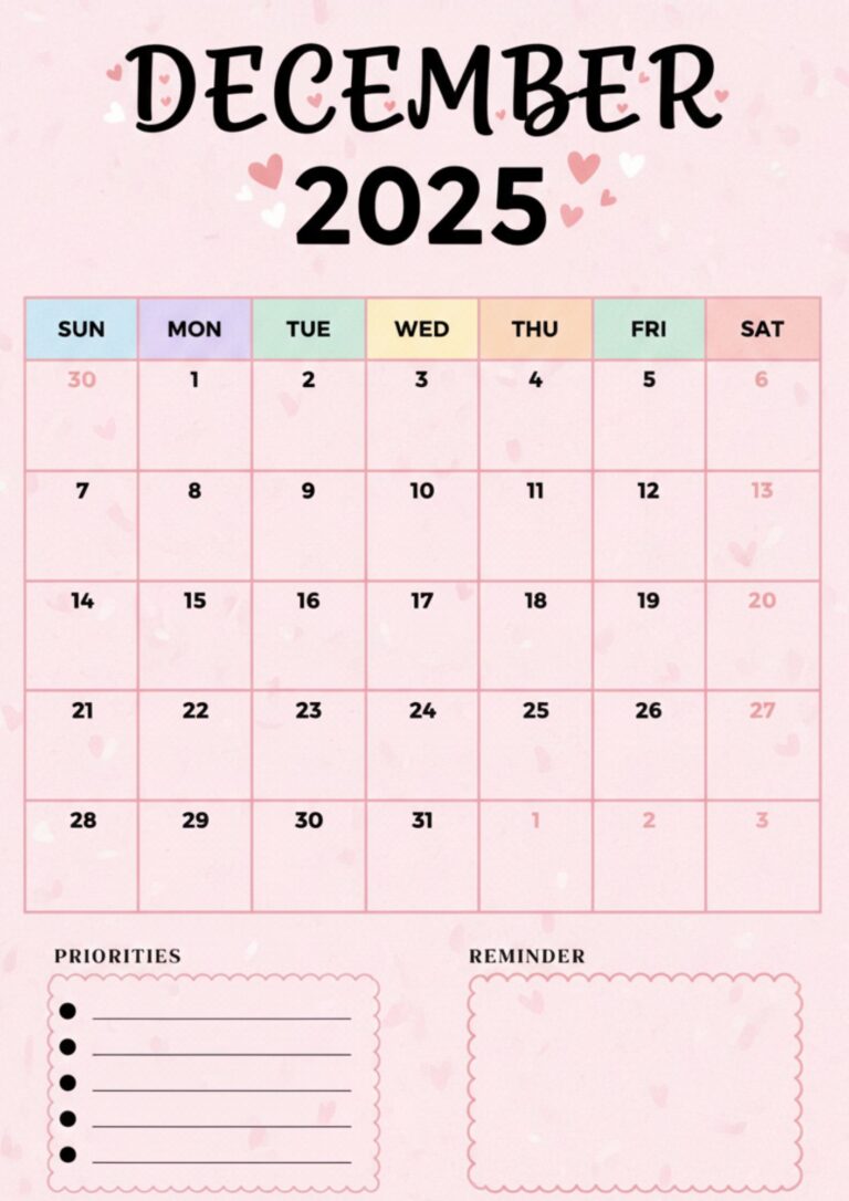 Printable December 2025 Monthly Calendar Planner